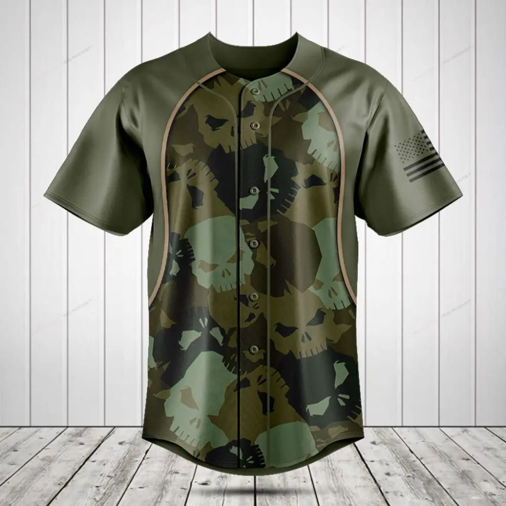 Men'S Camo Skull Baseball Jersey - Cool Tactical Style Sportswear