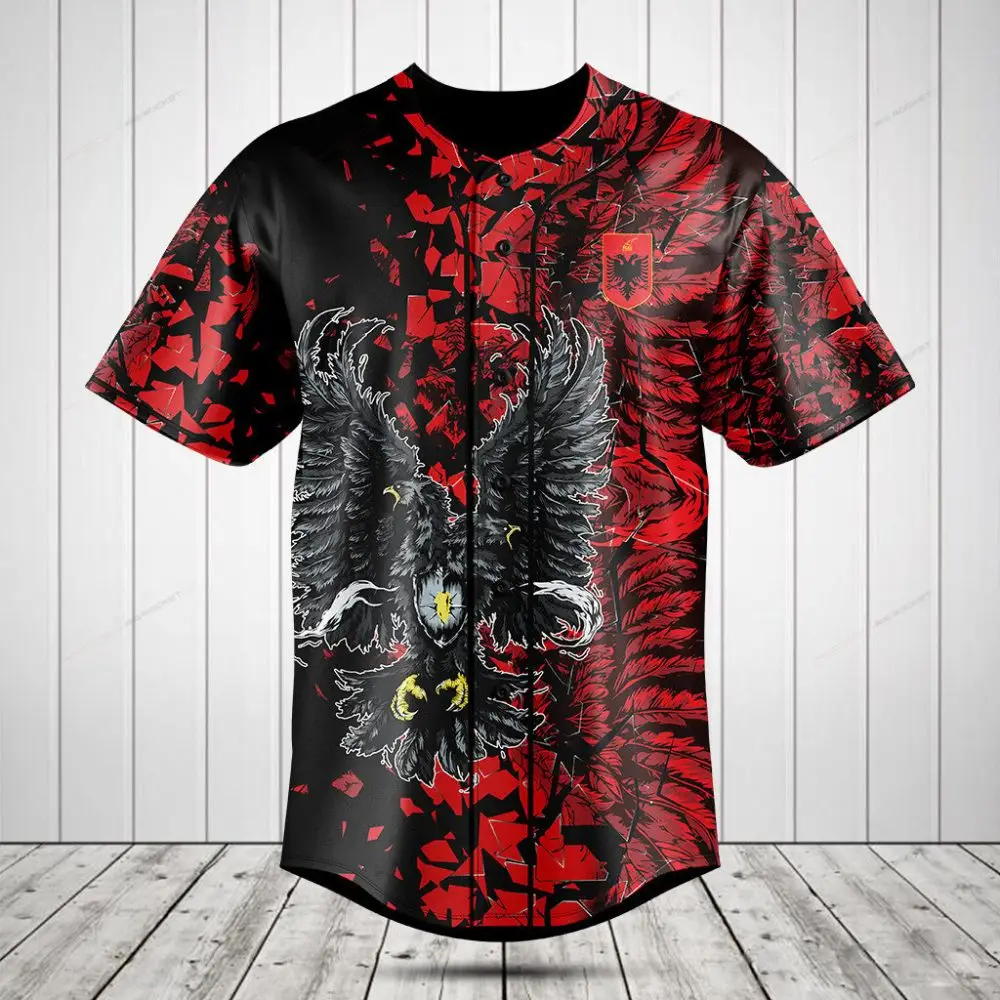 Men'S Eagle Graphic Baseball Jersey - Bold Red & Black Design, Perfect For Sports & Streetwear