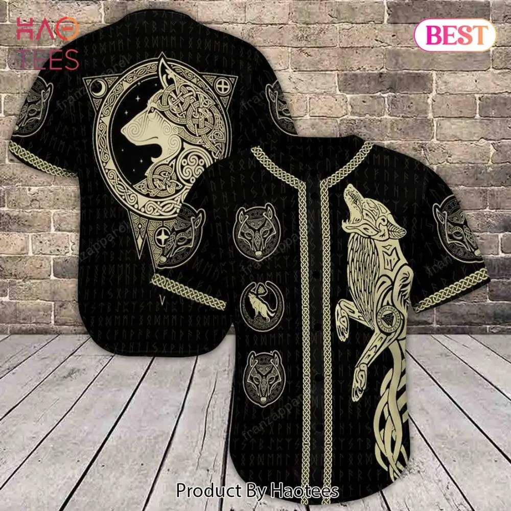 Men'S Viking Wolf Baseball Jersey - Norse Mythology Print, Black & Gold, Short Sleeve Shirt