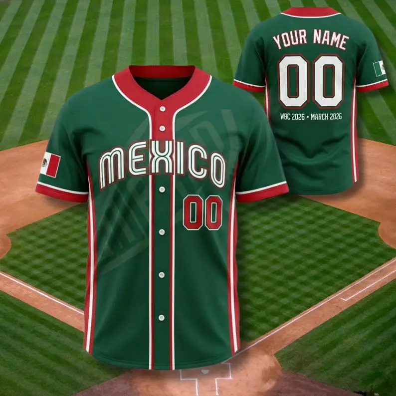 Mexico Baseball Fan Jersey Wbc 2026 Green Button Up Shirt Custom Name Number