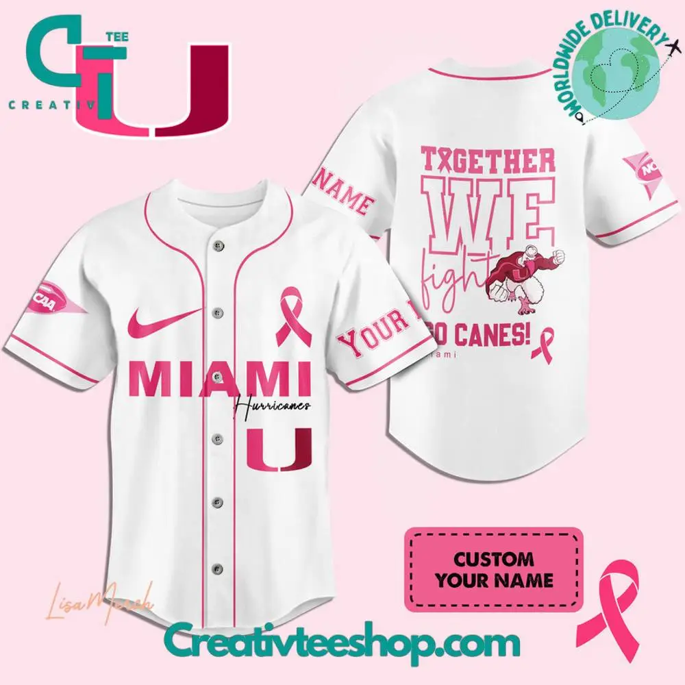 Miami Hurricanes Breast Cancer Together We Fight Baseball Jersey Miami Hurricanes Breast Cancer Together We Fight Baseball Jersey - Image 1