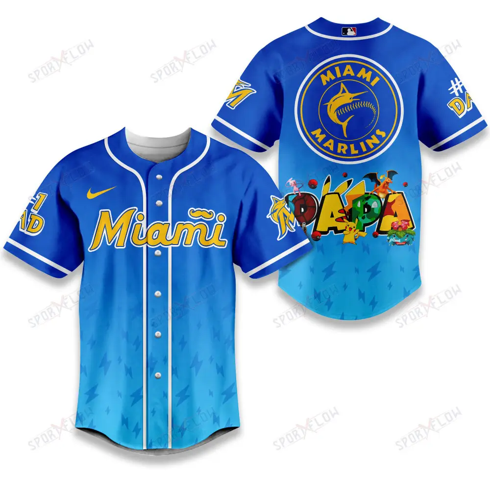 Miami Marlins Lightning Effect €“ "Papa" Pokemon Graphic Baseball Jersey Miami Marlins Lightning Effect €“ "Papa" Pokemon Graphic Baseball Jersey - Image 1
