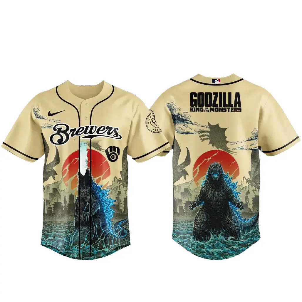 Milwaukee Brewers x Godzilla King of The Monsters Baseball Jersey - Tazila Milwaukee Brewers x Godzilla King of The Monsters Baseball Jersey - Tazila - Image 1
