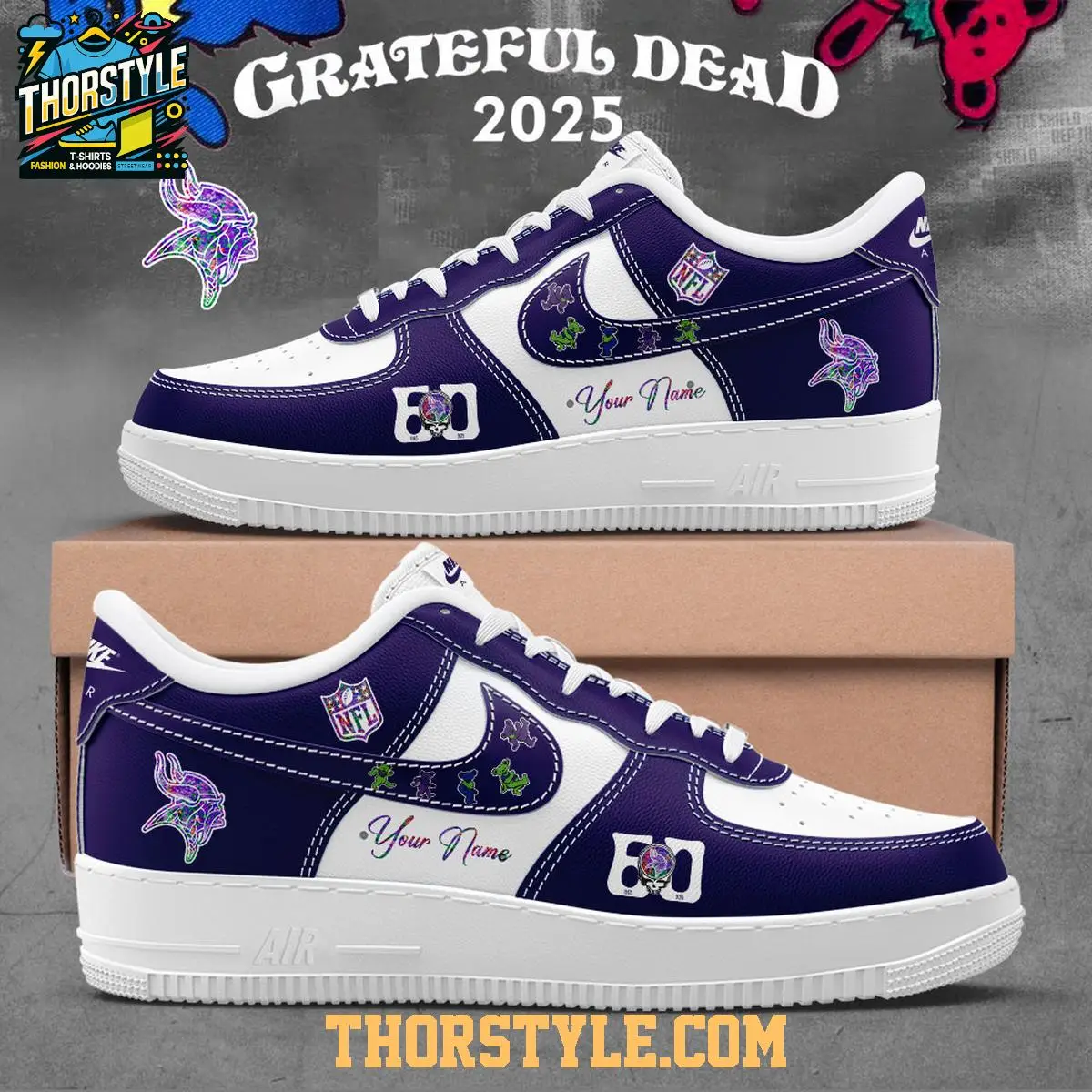 Minnesota Vikings Grateful Dead 60th Anniversary Personalized Air Force 1 Shoes