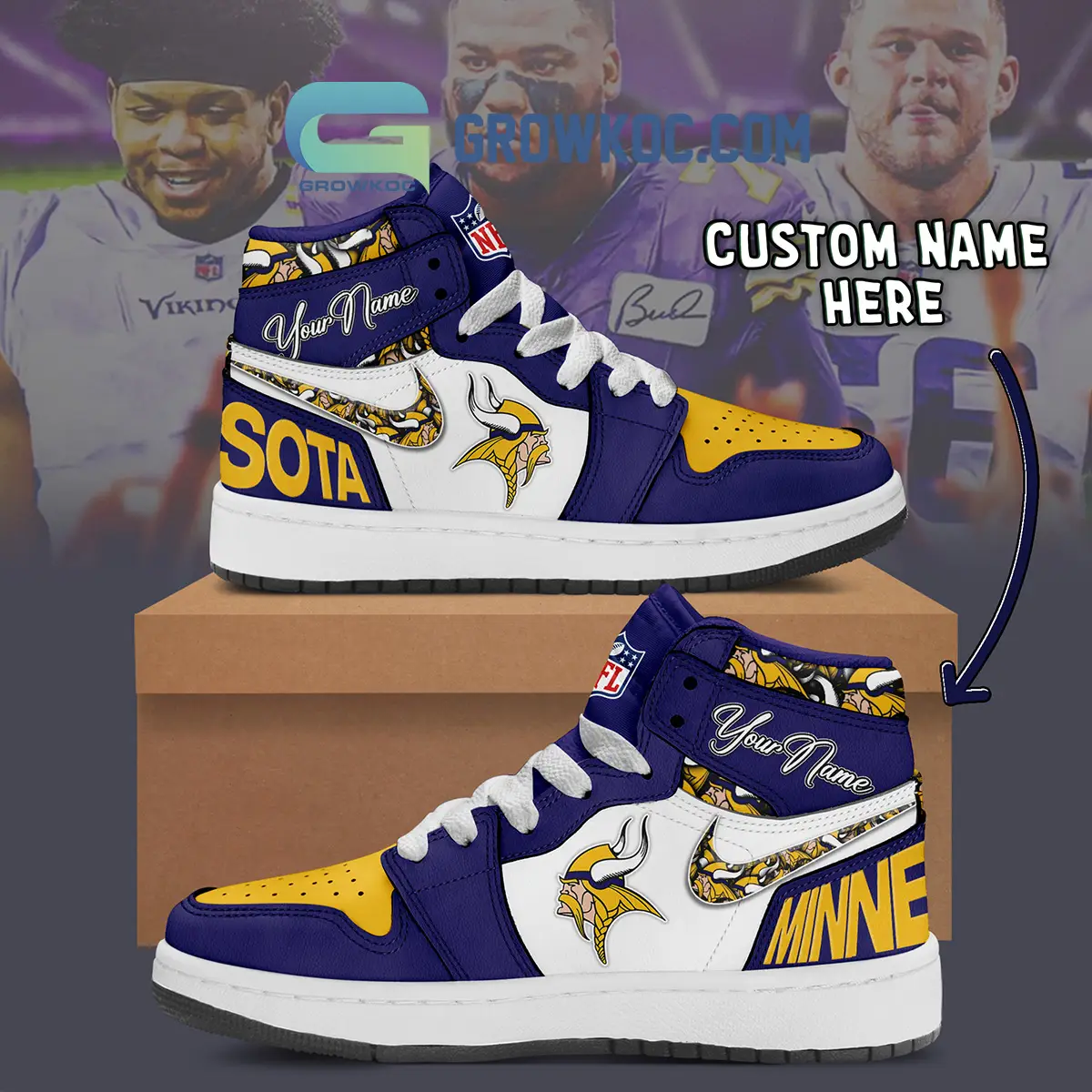 Minnesota Vikings Personalized Air Jordan 1 High Top Shoes Sneakers Minnesota Vikings Personalized Air Jordan 1 High Top Shoes Sneakers - Image 1