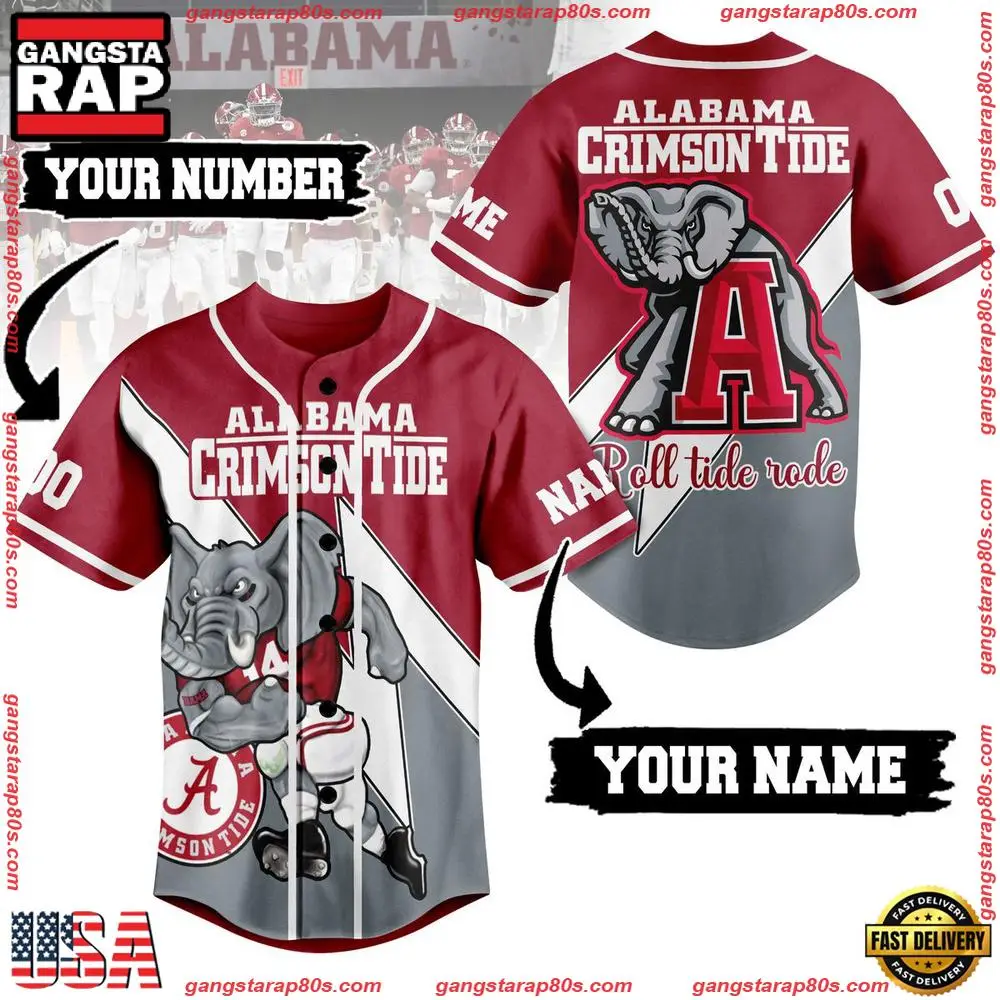 NCAA Custom Name Alabama Crimson Tide Mastcot Football New Design Baseball Jersey