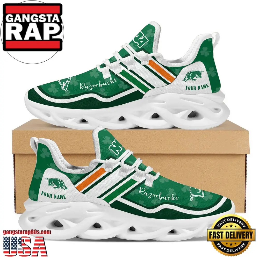NCAA Custom Name Arkansas Razorbacks Logo Saint Patrick'S Day Unique Design Max Soul Shoes Running Sneakers NCAA Custom Name Arkansas Razorbacks Logo Saint Patrick'S Day Unique Design Max Soul Shoes Running Sneakers - Image 1
