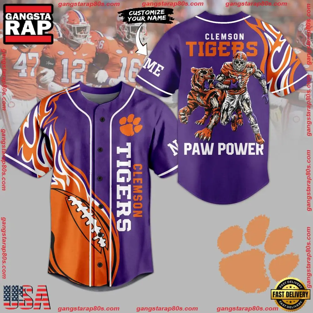 NCAA Custom Name Clemson Tigers Paw Power New Design Baseball Jersey