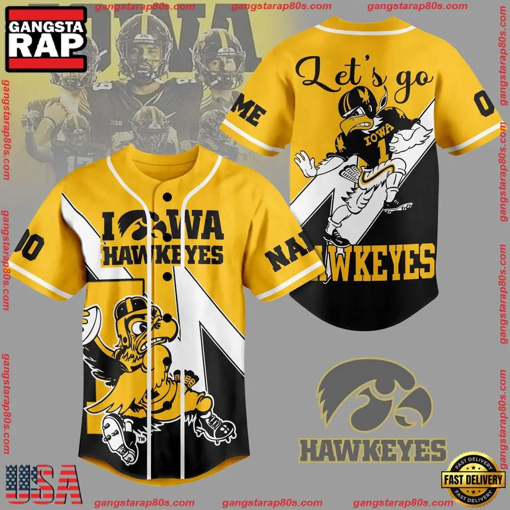 NCAA Custom Name Iowa Hawkeyes Let's Go Mascot Hawkeyes New Design Baseball Jersey