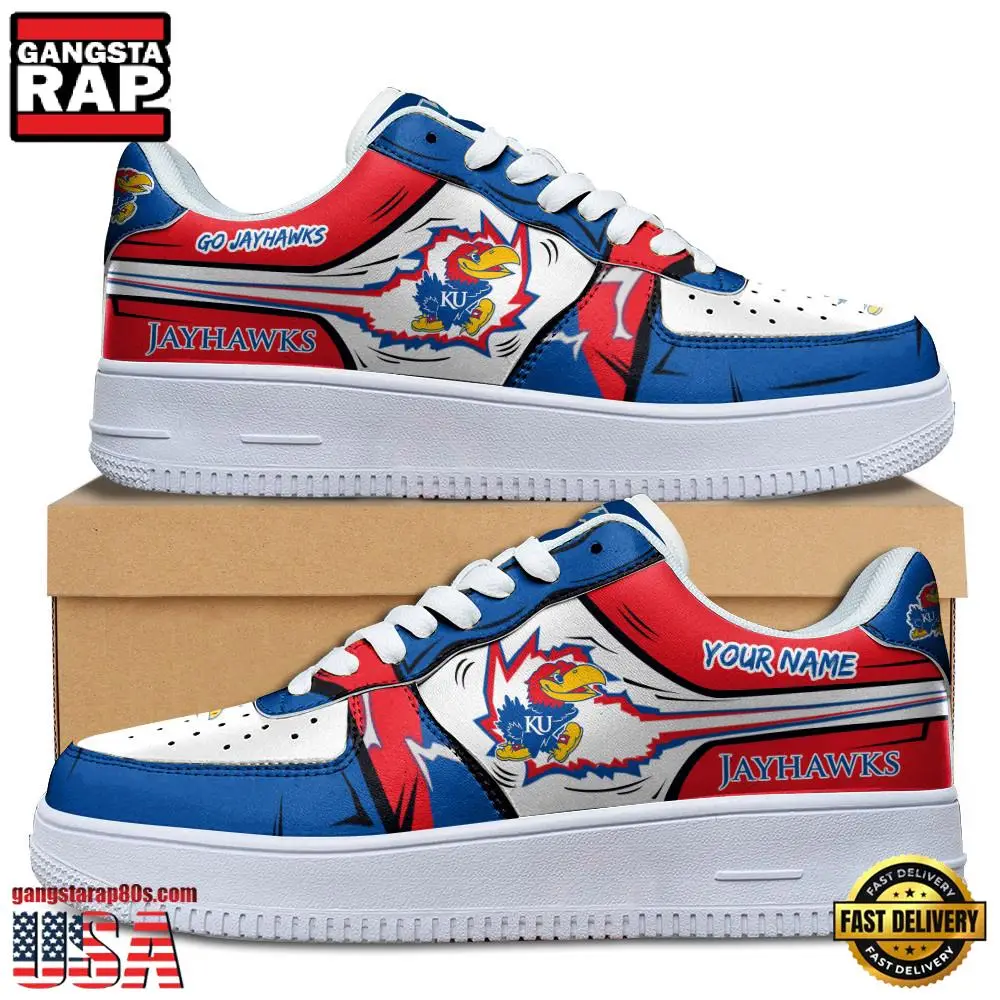 NCAA Custom Name Kansas Jayhawks Air Force 1 Running Sneakers Shoes NCAA Custom Name Kansas Jayhawks Air Force 1 Running Sneakers Shoes - Image 1
