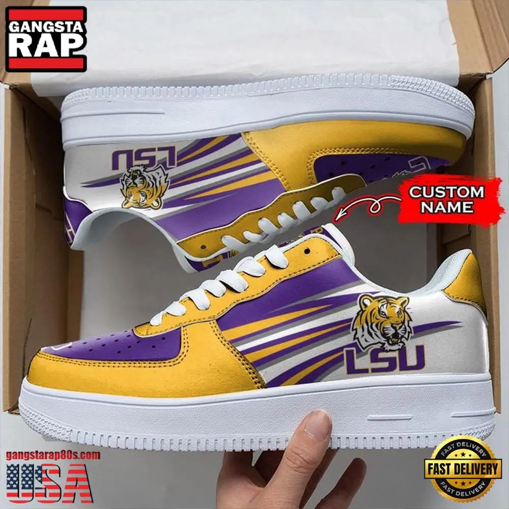 NCAA Custom Name LSU Tigers Air Force 1 Running Sneakers Shoes NCAA Custom Name LSU Tigers Air Force 1 Running Sneakers Shoes - Image 1