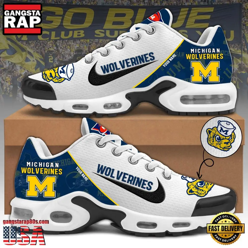 NCAA Custom Name Michigan Wolverines Football Mascot Symbol Air Max Plus Shoes Running Sneakers