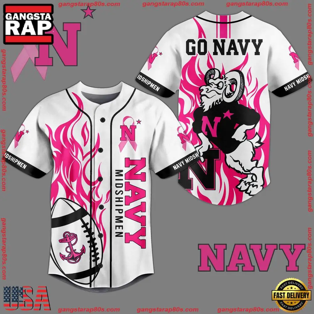 NCAA Custom Name Navy Midshipmen Football Breast Cancer Awareness White New Design Baseball Jersey