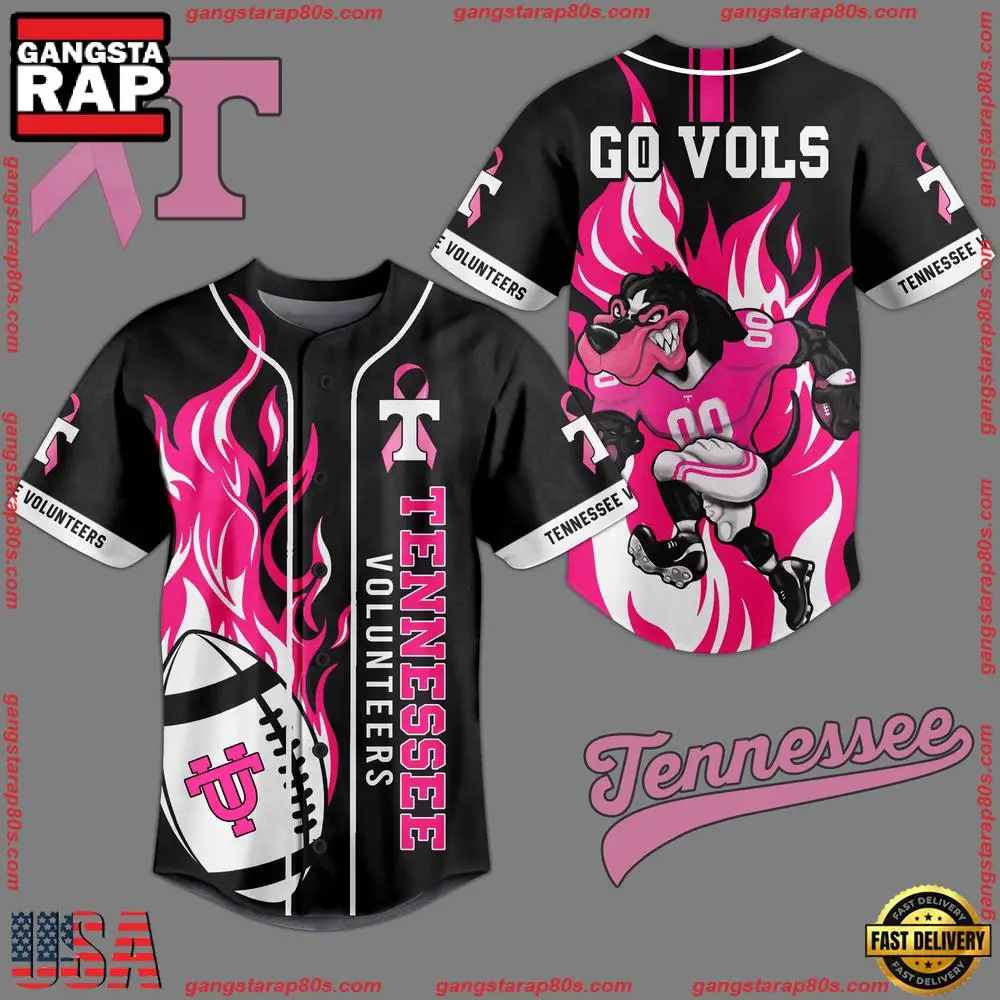 NCAA Custom Name Tennessee Volunteers Breast Cancer Awareness Black New Design Baseball Jersey