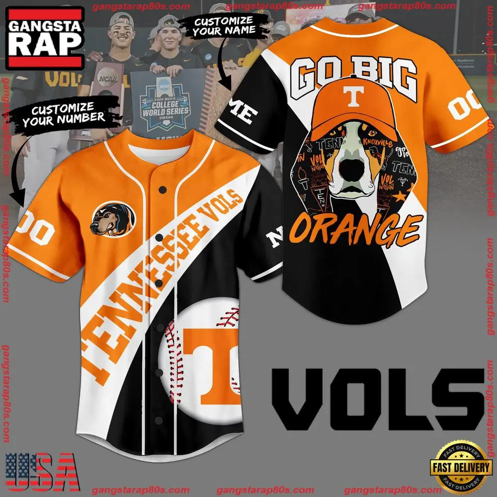NCAA Custom Name Tennessee Volunteers Go Big Mascot Orange New Design Baseball Jersey