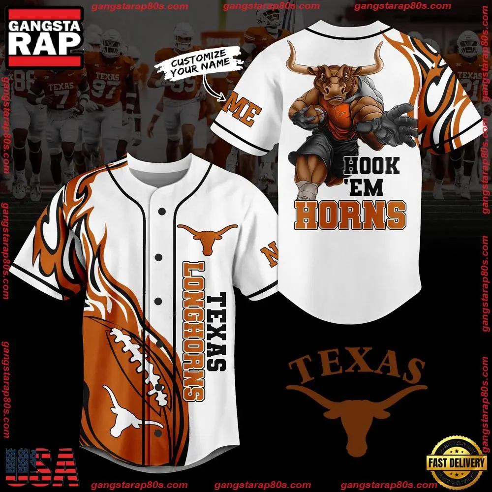 NCAA Custom Name Texans Longhorns Hook'em Horns New Design Baseball Jersey