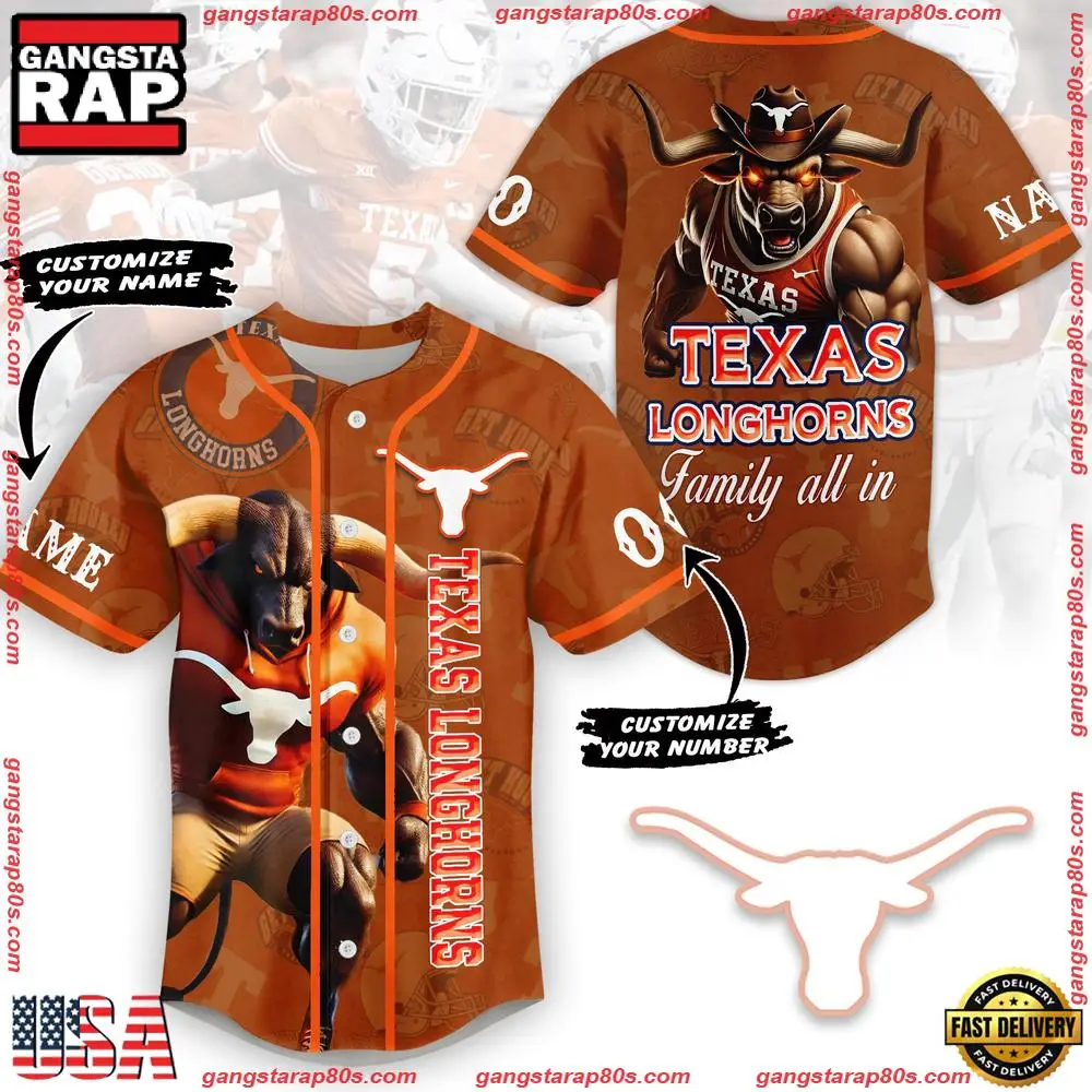 NCAA Custom Name Texas Longhorns Family All In New Design Baseball Jersey