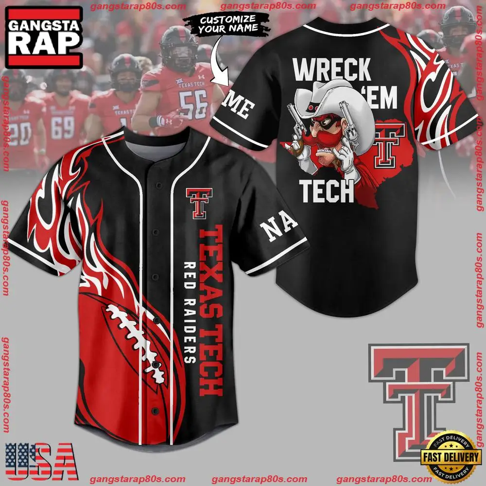 NCAA Custom Name Texas Tech Red Raiders Wreck'em Tech New Design Baseball Jersey
