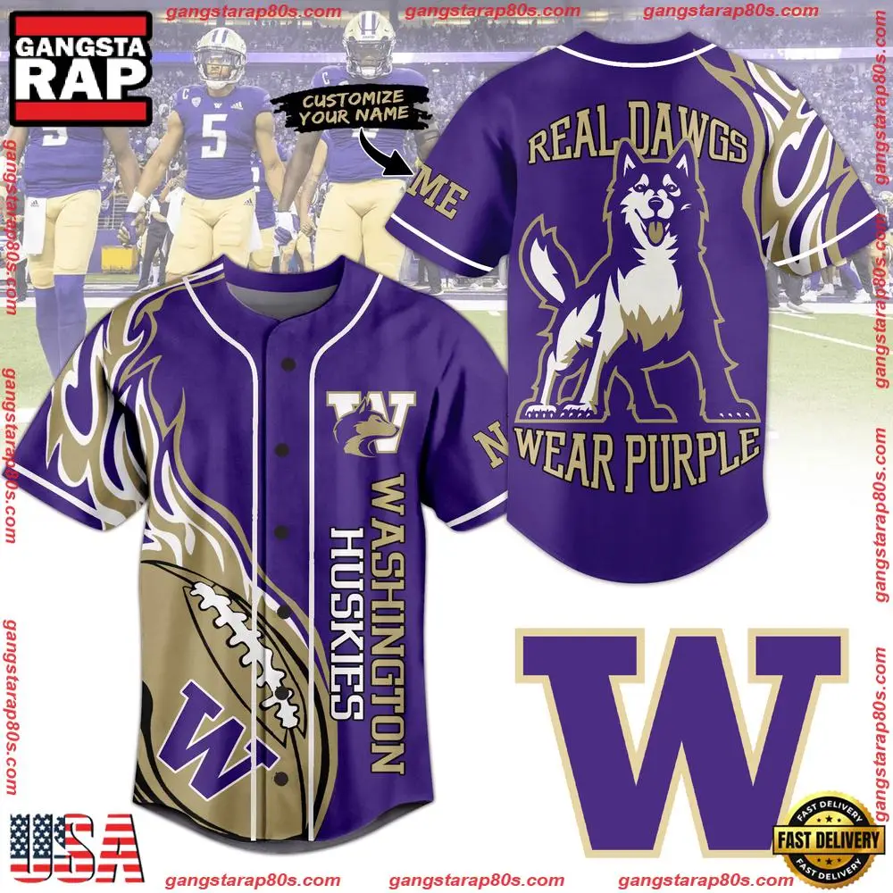 NCAA Custom Name Washington Huskies Real Dawgs Wear Purple New Design Baseball Jersey NCAA Custom Name Washington Huskies Real Dawgs Wear Purple New Design Baseball Jersey - Image 1