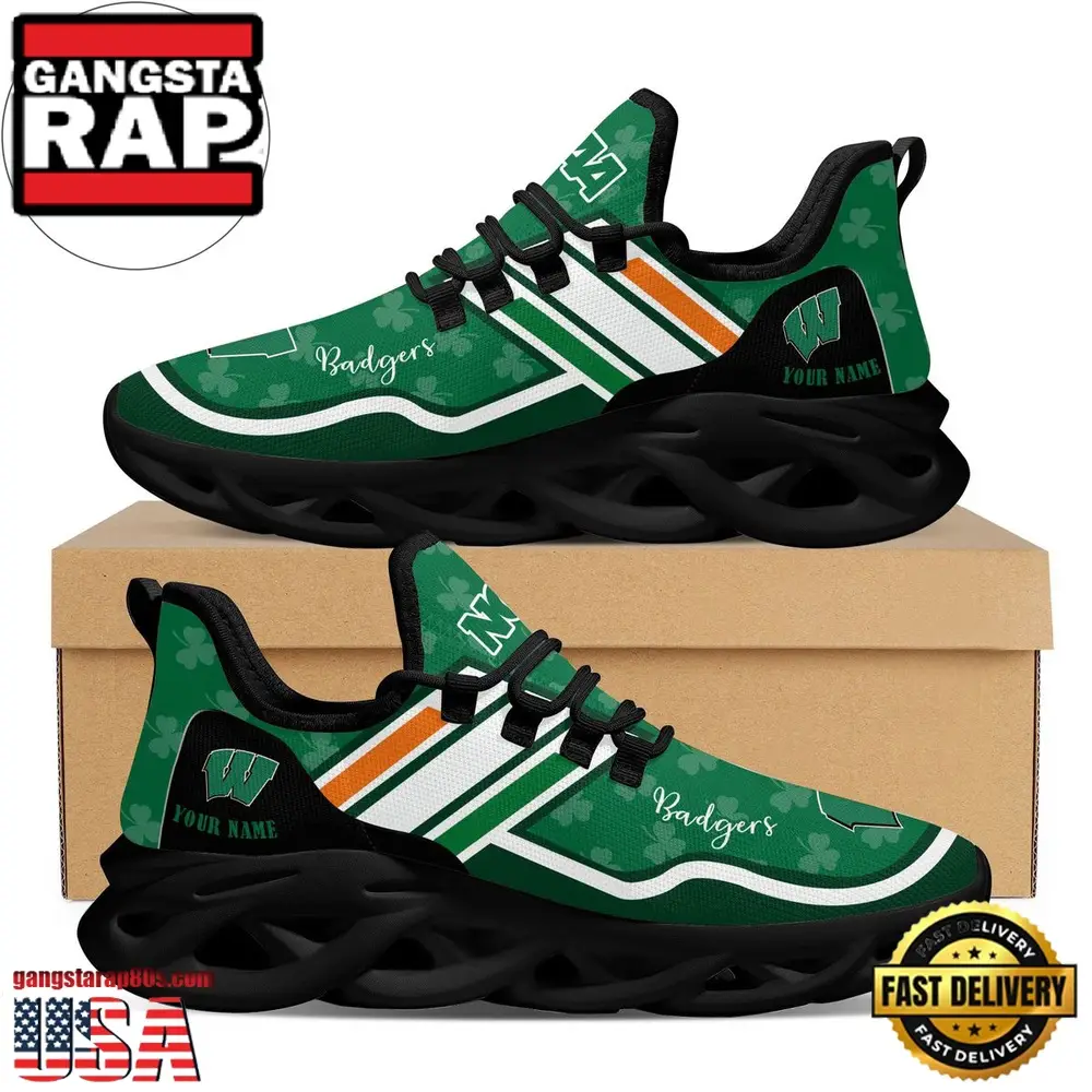 NCAA Custom Name Wisconsin Badgers Logo Saint Patrick'S Day Unique Design Max Soul Shoes Running Sneakers NCAA Custom Name Wisconsin Badgers Logo Saint Patrick'S Day Unique Design Max Soul Shoes Running Sneakers - Image 1