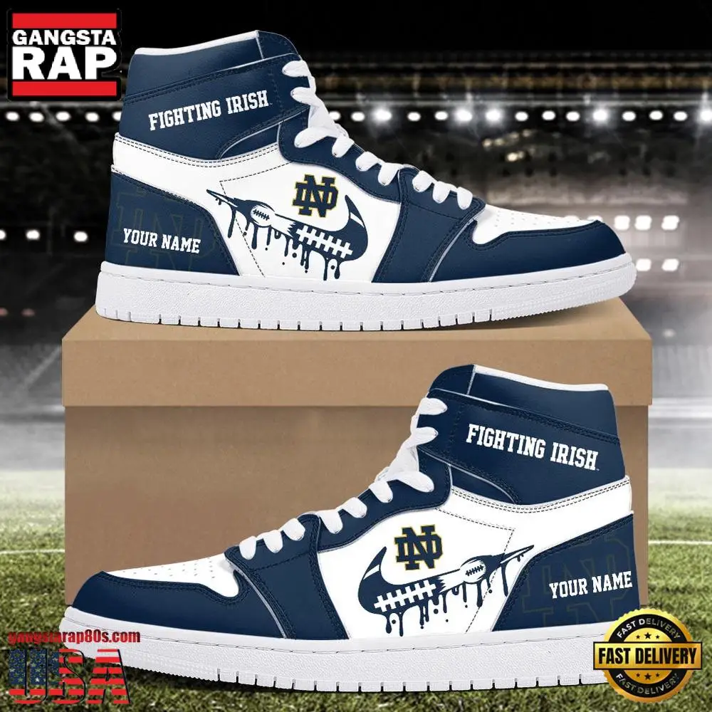 NCAA Notre Dame Fighting Irish Grunge Style Custom Name Air Jordan 1 Hightop Shoes