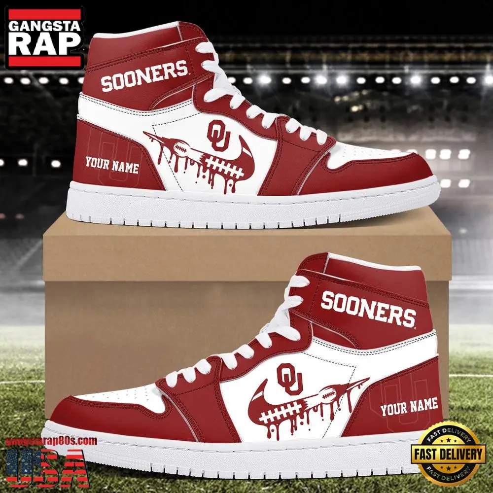 NCAA Oklahoma Sooners Grunge Style Custom Name Air Jordan 1 Hightop Shoes