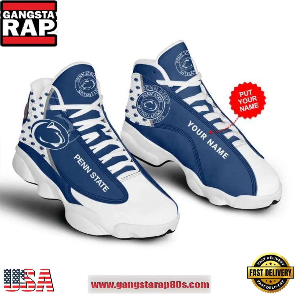 NCAA Penn State Nittany Lions Custom Name Blue White Air Jordan 13 Shoes Running Sneakers NCAA Penn State Nittany Lions Custom Name Blue White Air Jordan 13 Shoes Running Sneakers - Image 1