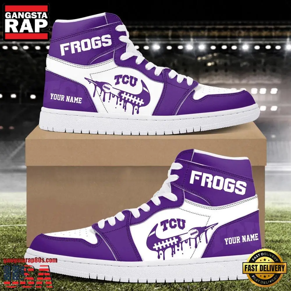 NCAA TCU Horned Frogs Grunge Style Custom Name Air Jordan 1 Hightop Shoes