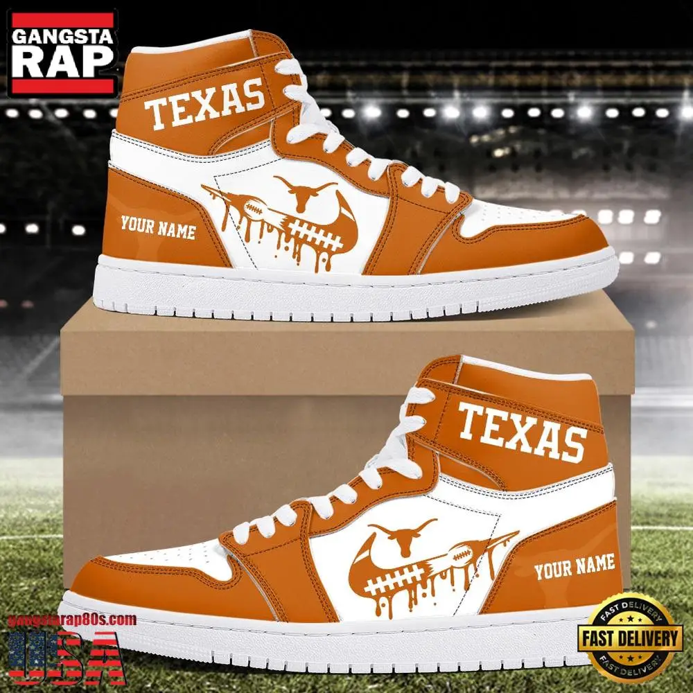 NCAA Texas Longhorns Grunge Style Custom Name Air Jordan 1 Hightop Shoes