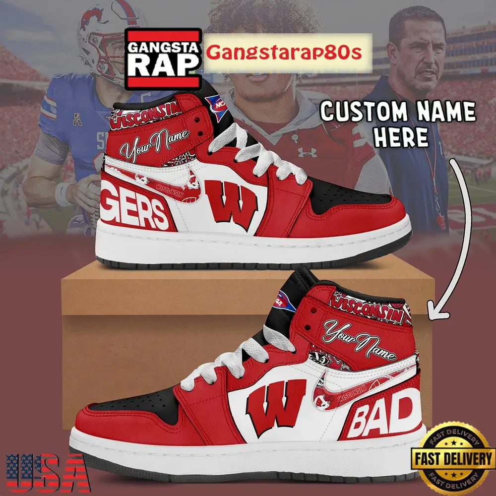 NCAA Wisconsin Badgers Custom Name Air Jordan 1 Shoes Running Sneakers NCAA Wisconsin Badgers Custom Name Air Jordan 1 Shoes Running Sneakers - Image 1