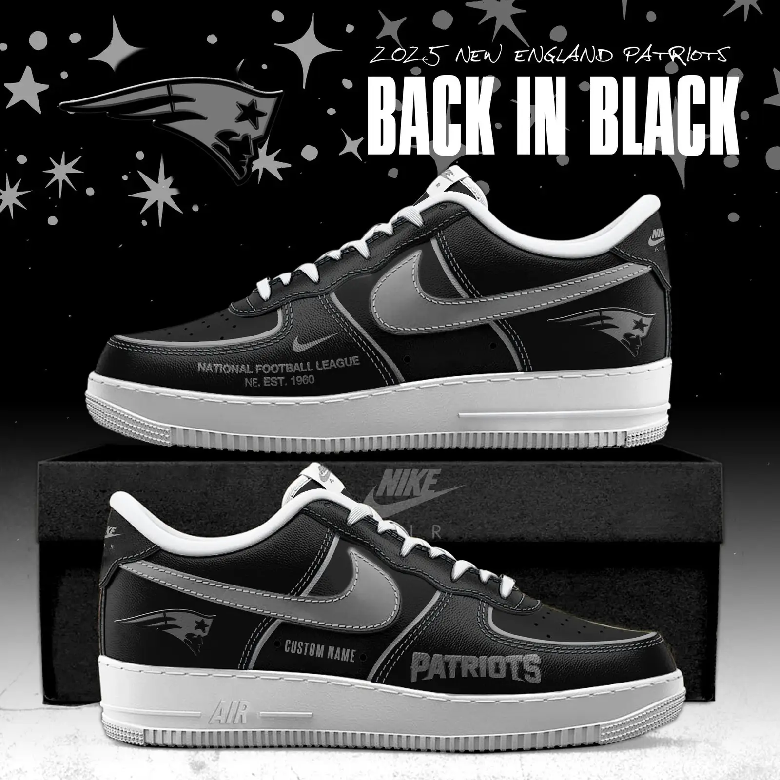 New England Patriots 2025 Back In Black Limited Edition Air Force 1 Sneakers | YS21