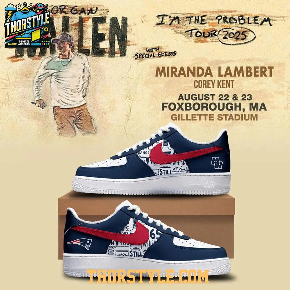 New England Patriots 2025 Morgan Wallen Tour Personalized Air Force 1 Shoes