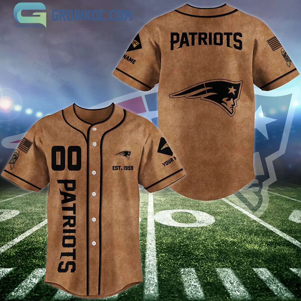 New England Patriots Brown American Flag Personalized Baseball Jersey