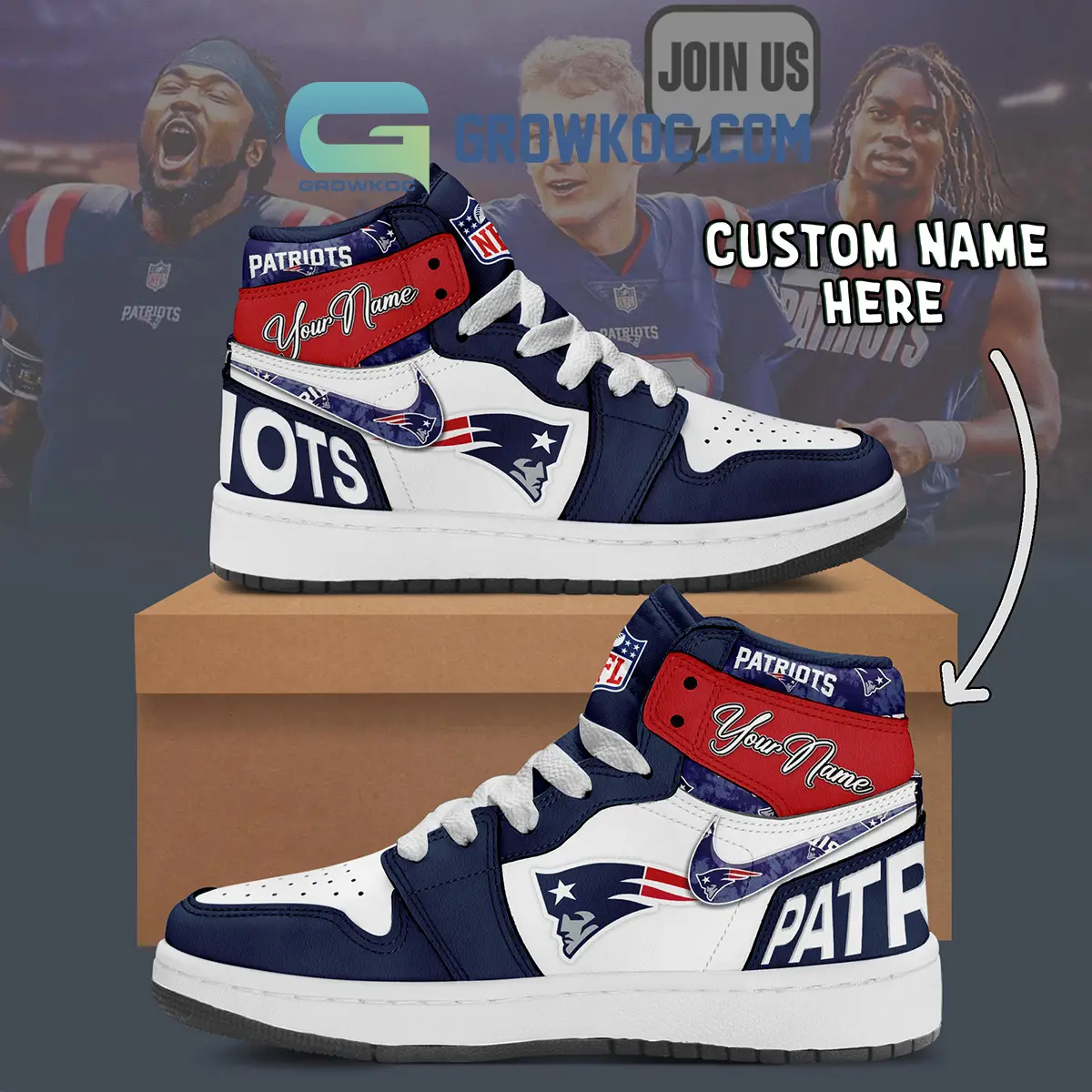 New England Patriots Personalized Air Jordan 1 High Top Shoes Sneakers New England Patriots Personalized Air Jordan 1 High Top Shoes Sneakers - Image 1