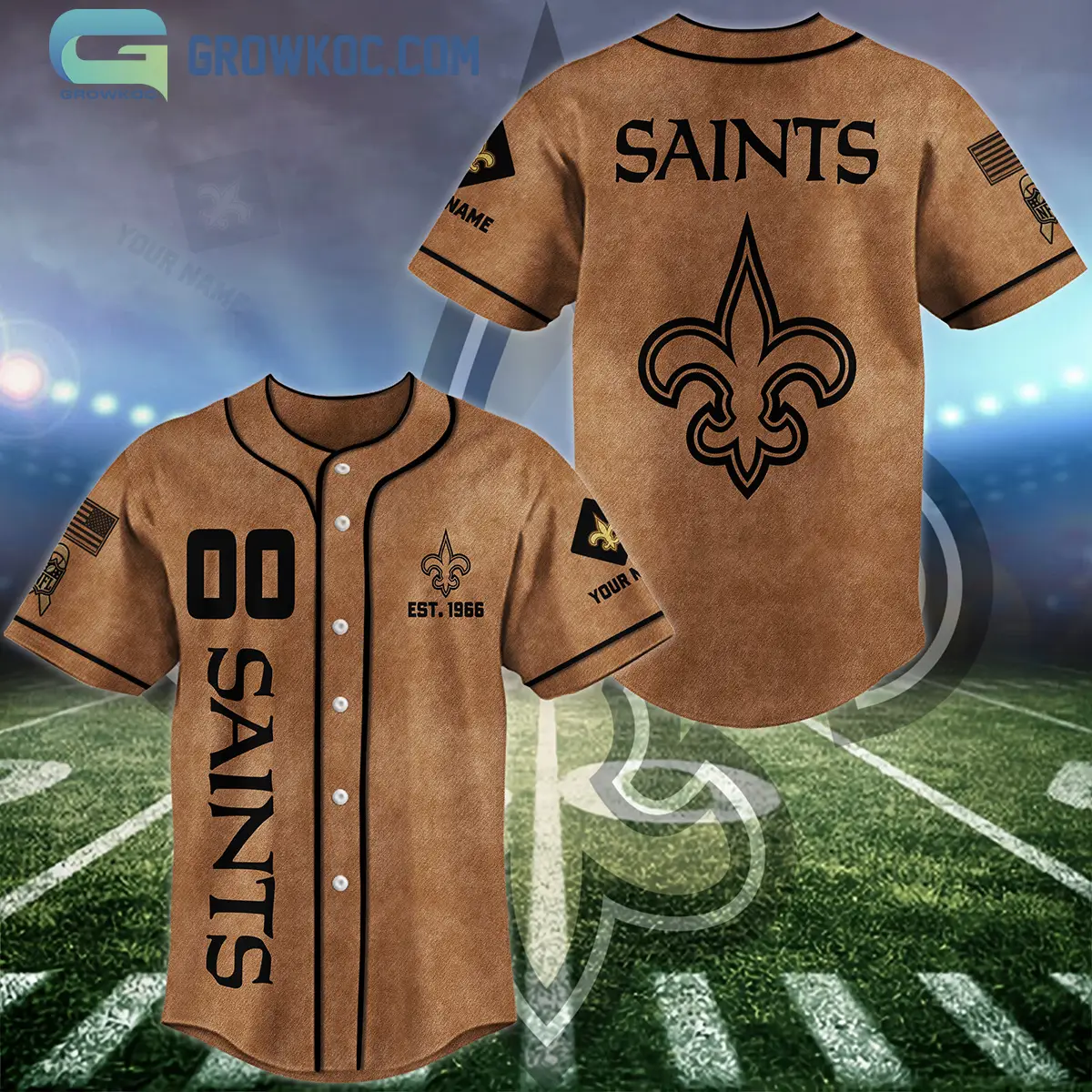 New Orleans Saints Brown American Flag Personalized Baseball Jersey