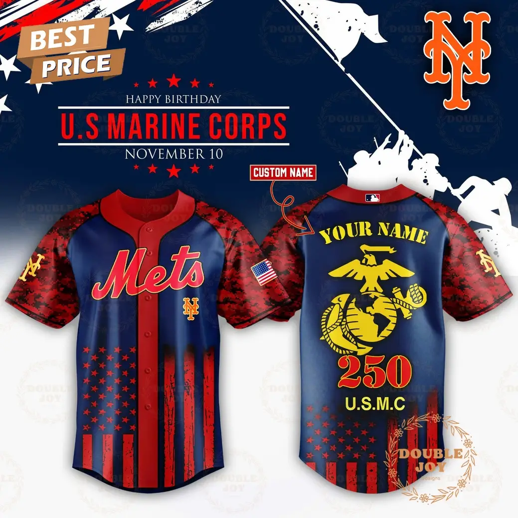 New York Mets x 250th Happy Birthday USMC Custom Name Baseball Jersey