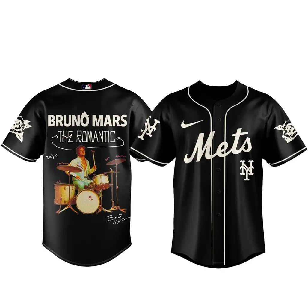 New York Mets x Bruno Mars The Romantic Tour 2026 Black Baseball Jersey - Tazila