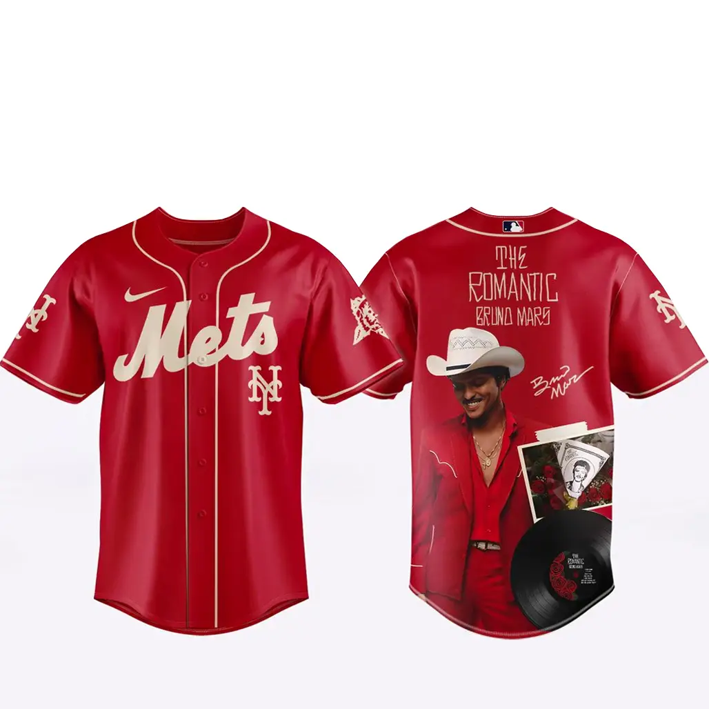 New York Mets x Bruno Mars The Romantic Tour 2026 Red Baseball Jersey - Tazila
