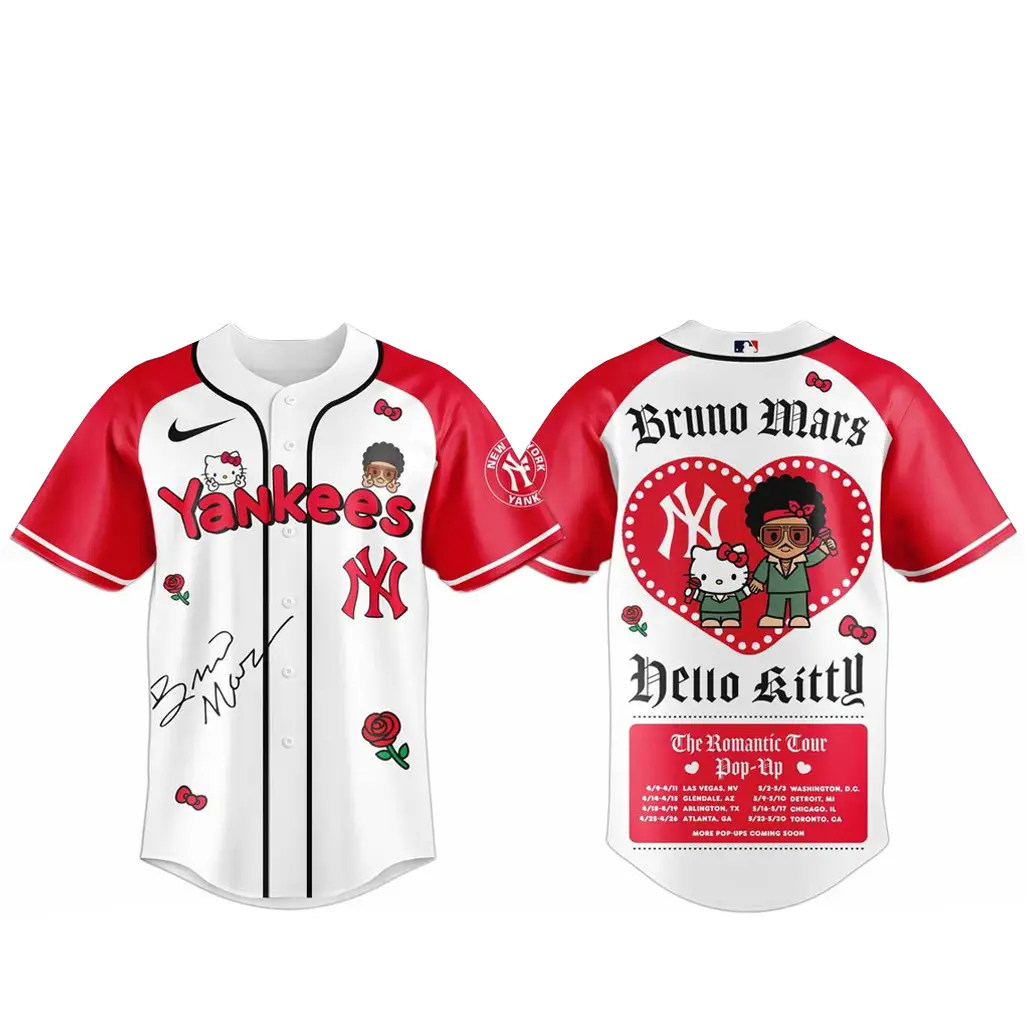 New York Yankees Bruno Mars x Hello Kitty 2026 The Romantic Tour Baseball Jersey - Tazila