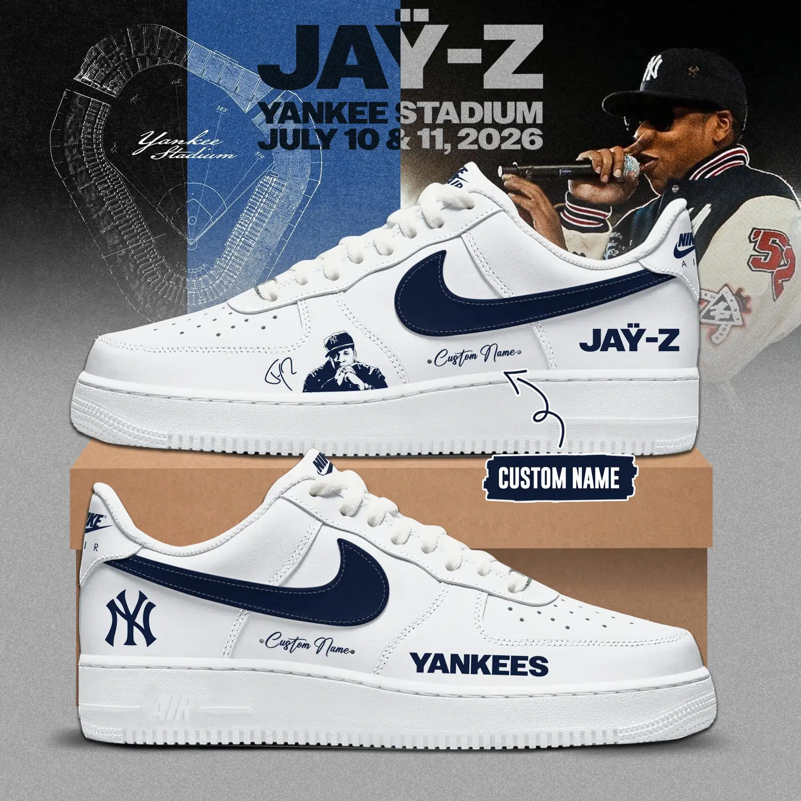 New York Yankees x Jay-Z Hometown Show 2026 Limited Edition Air Force 1 Sneakers | UJ85