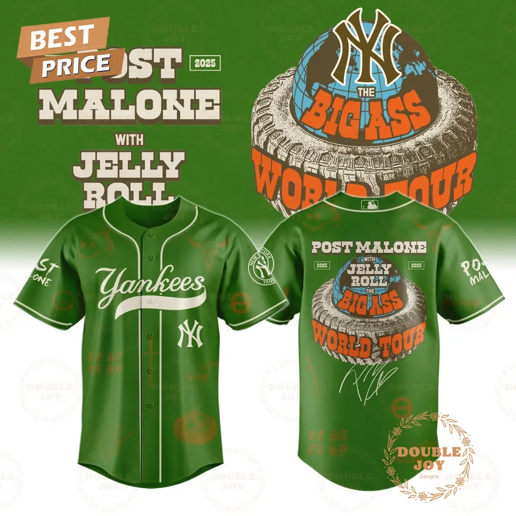 New York Yankees x Post Malone With Jelly Roll The The BIG ASS World Tour 2025 Baseball Jersey New York Yankees x Post Malone With Jelly Roll The The BIG ASS World Tour 2025 Baseball Jersey - Image 1