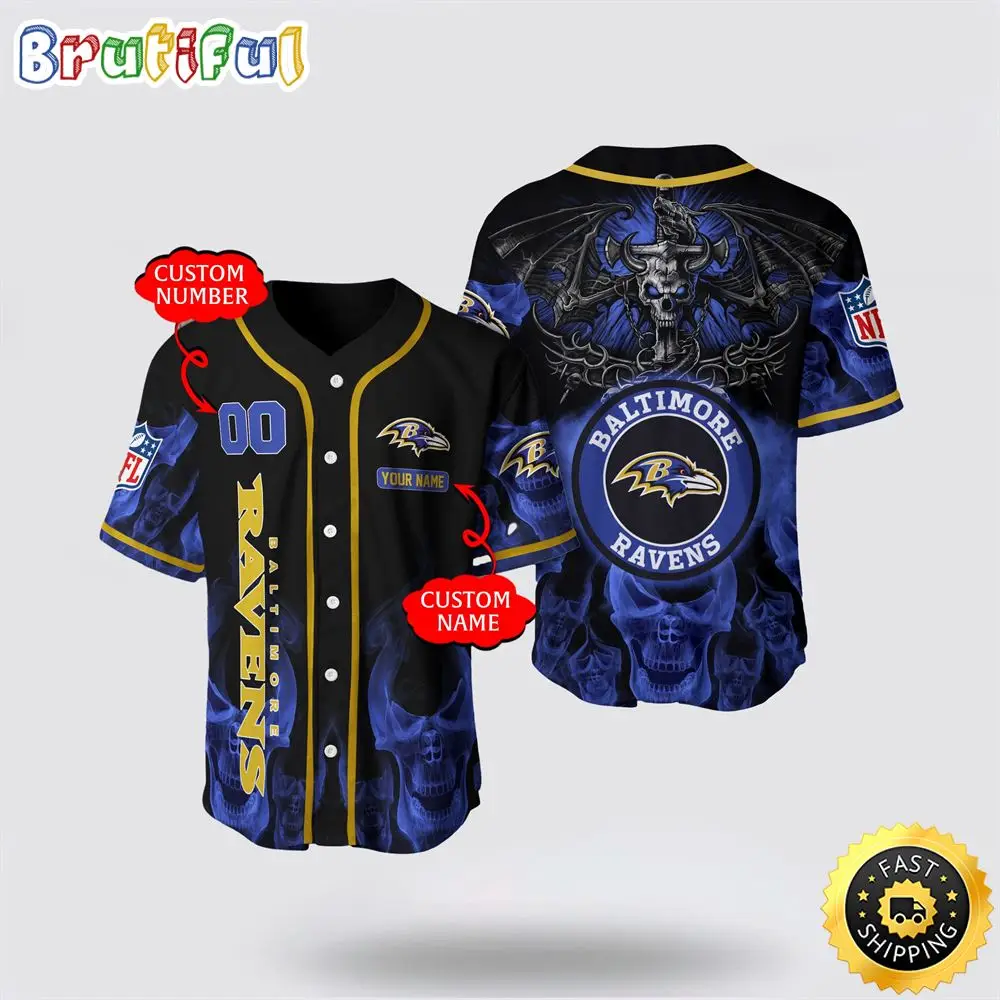 NFL Baltimore Ravens Baseball Jersey 3D Personalized Skull Customization Options Available