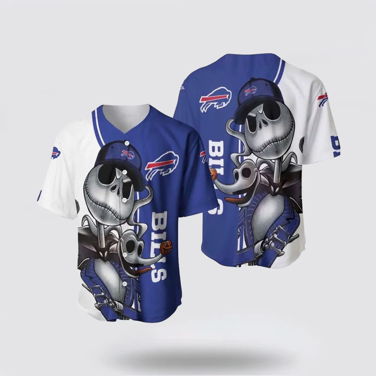 NFL Buffalo Bills Baseball Jersey Jack Skellington And Zero Perfect Your Team Pride In Laid Back Fashion NFL Buffalo Bills Baseball Jersey Jack Skellington And Zero Perfect Your Team Pride In Laid Back Fashion - Image 1