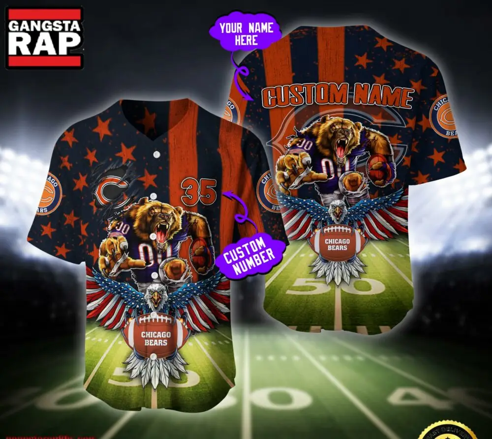 NFL Chicago Bears Eagle US Flag x Veterans Custom Name Number Baseball Jersey Shirt