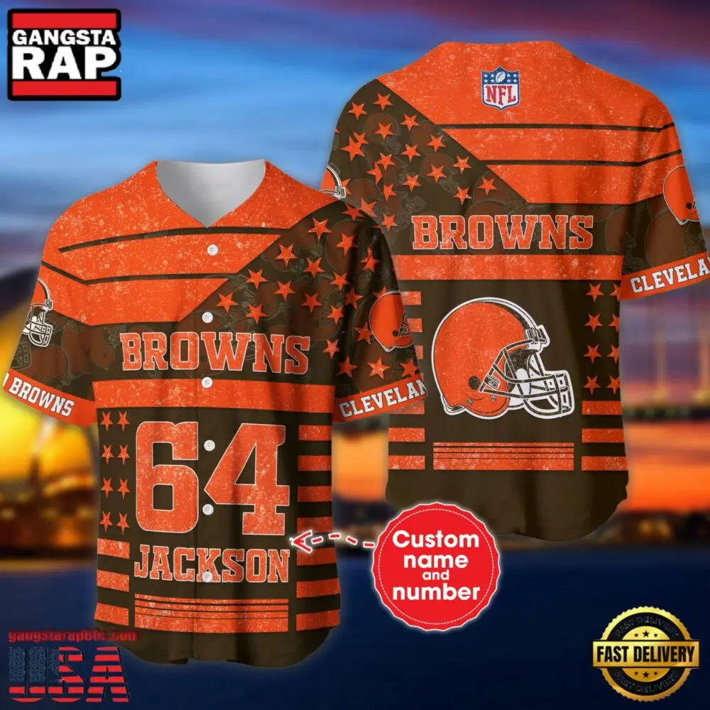 NFL Cleveland Browns Custom Name Number Name Number American Flag Baseball Jersey Shirt NFL Cleveland Browns Custom Name Number Name Number American Flag Baseball Jersey Shirt - Image 1