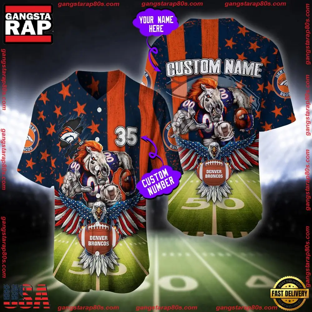 NFL Custom Name And Number Denver Broncos Mascot US Flag Baseball Jersey Shirt