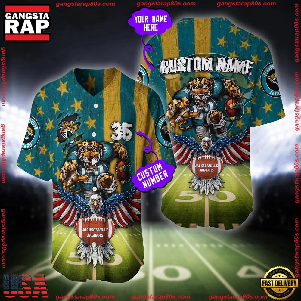 NFL Custom Name And Number Jacksonville Jaguars Mascot US Flag Baseball Jersey Shirt