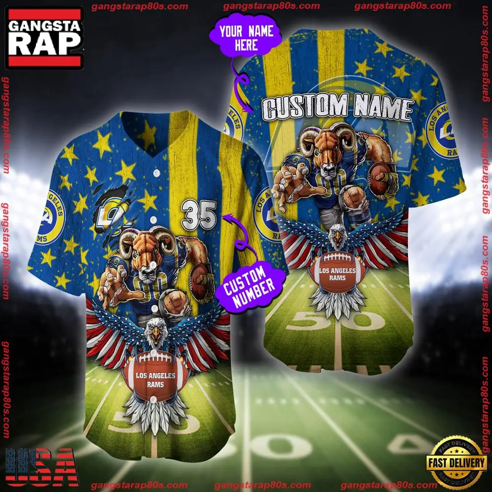 NFL Custom Name And Number Los Angeles Rams Mascot US Flag Baseball Jersey Shirt