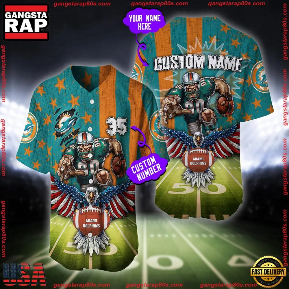NFL Custom Name And Number Miami Dolphins Mascot US Flag Baseball Jersey Shirt NFL Custom Name And Number Miami Dolphins Mascot US Flag Baseball Jersey Shirt - Image 1