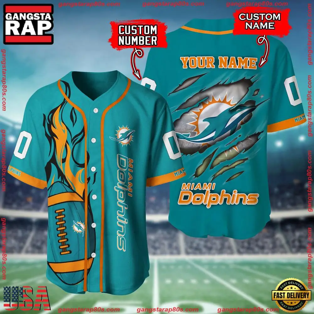 NFL Custom Name And Number Miami Dolphins Team Sport Baseball Jersey Shirt NFL Custom Name And Number Miami Dolphins Team Sport Baseball Jersey Shirt - Image 1